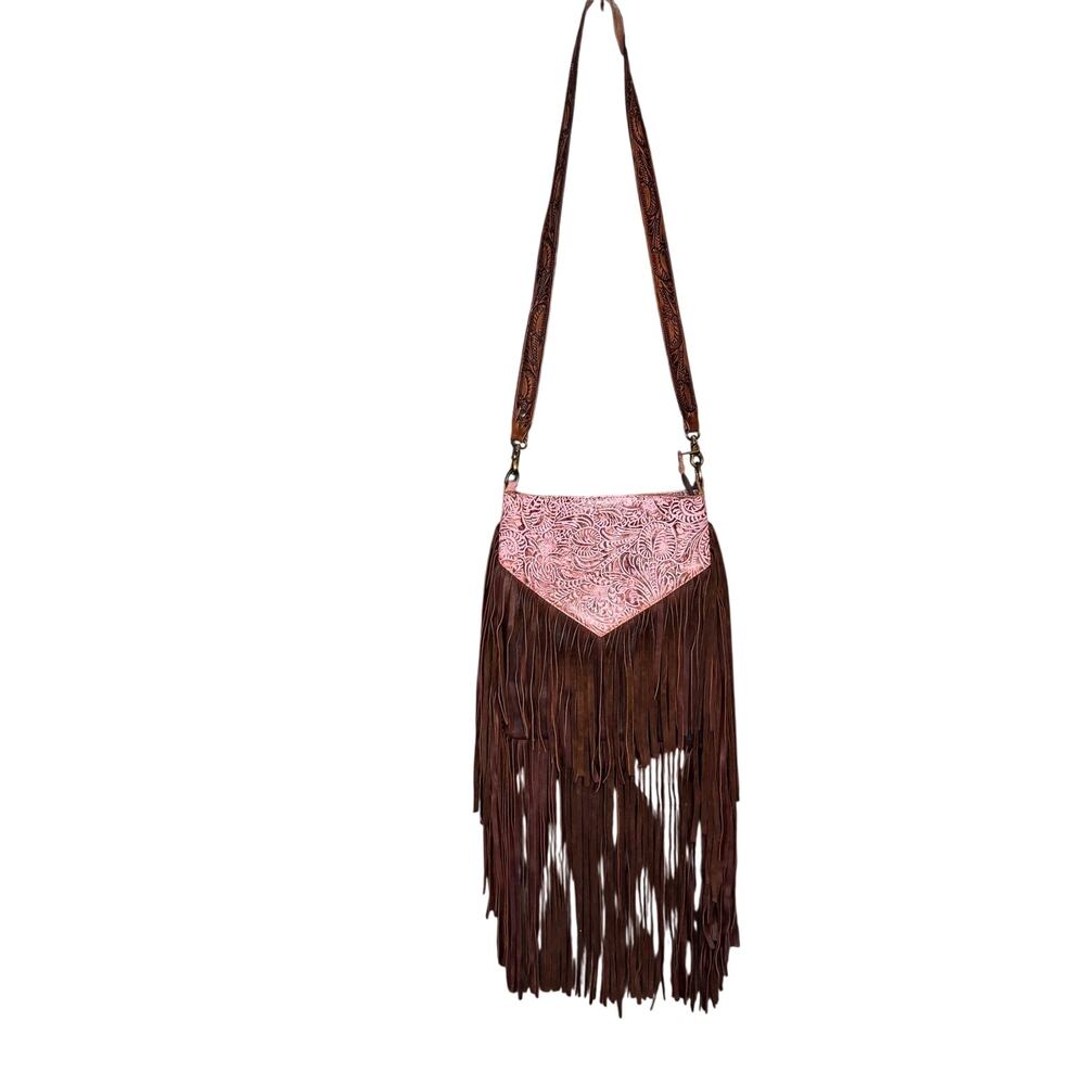 American Darling Fringe Crossbody Leather Tooled Western Boho Bag Pink Brown
